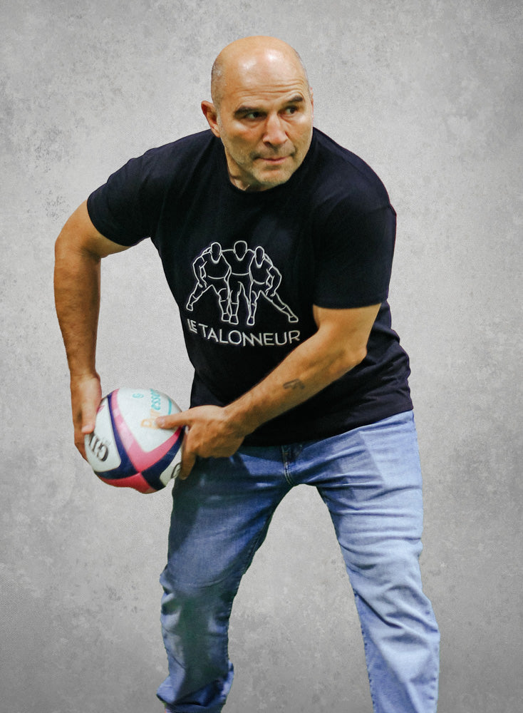 tee shirt noir vincent moscato passe rugby broderie blanche